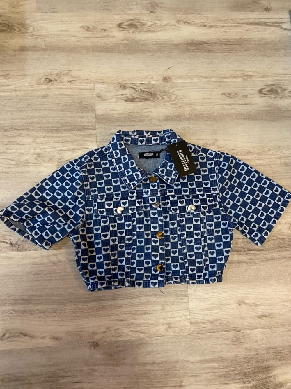 Missguided Blue Heart-Print Cropped Denim Jacket - Picture 7 of 16